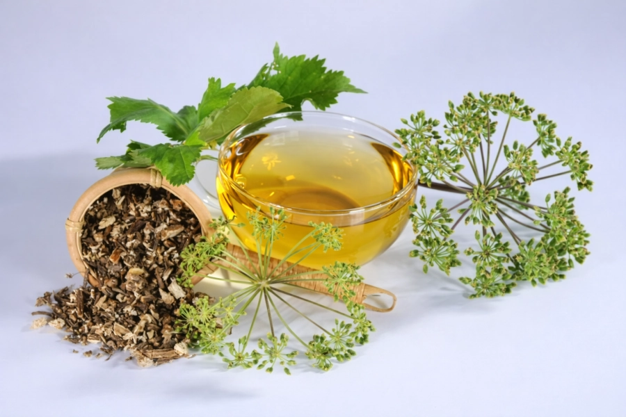 Raíz y hojas de angélica en entorno natural, representando el uso tradicional de la angélica para la digestión y el bienestar corporal.