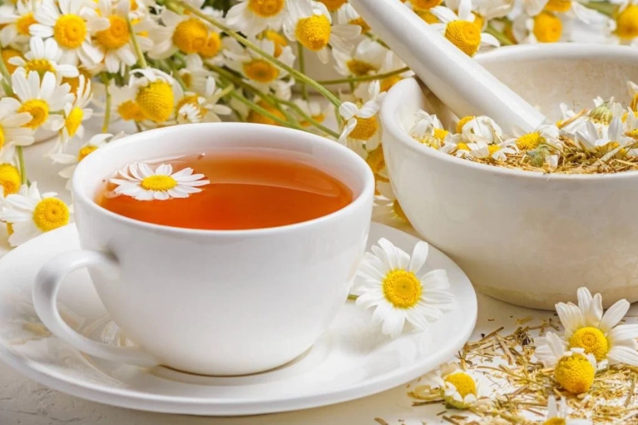 Flores de manzanilla secas y frescas, representando el uso tradicional de la manzanilla para la digestión y la calma.